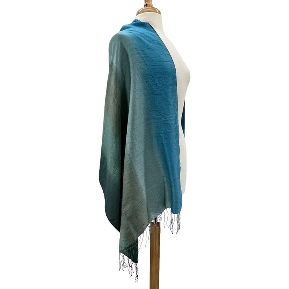 Womens Silk Scarf Ombre Soft Blue to Greens Wrap  88” Long Fringed - Picture 3 of 10